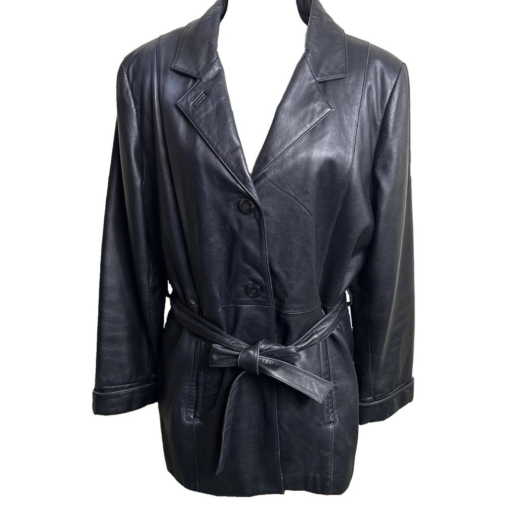 Vintage 90s Wilsons Leather Trench Coat Womens XL Black Belted Thinsulate Long